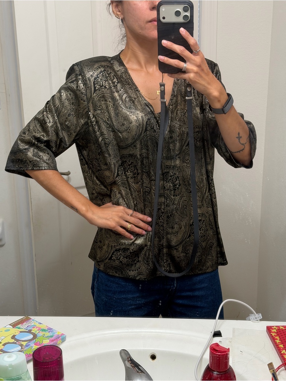 Vintage Paisley Metallic Blouse Gold Black Oversized Boho Top